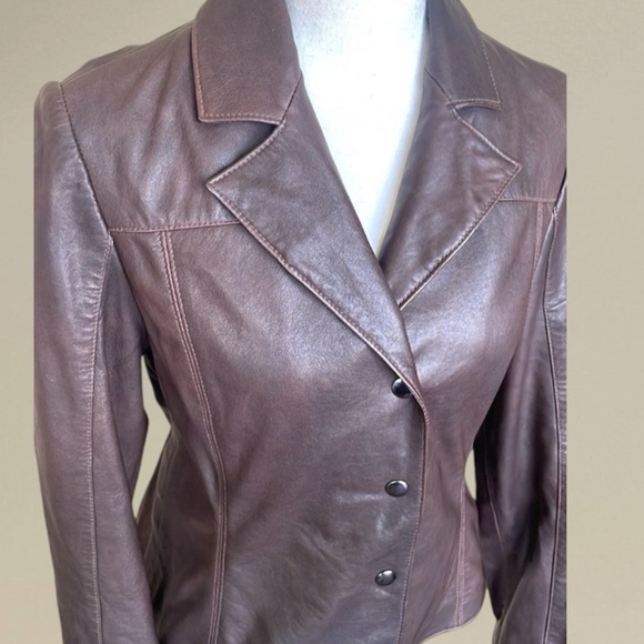 Henry Grethel Brown Leather Jacket Moto Tailored Buckle Accents Snap Front - Picture 15 of 15